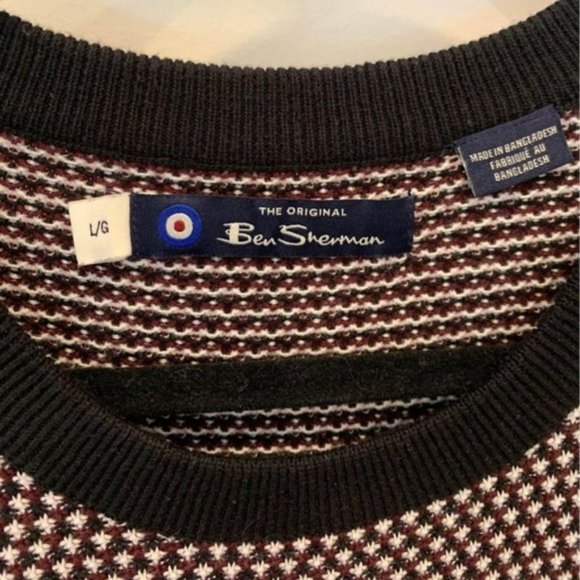 ben SHERMAN mens crew neck sweater. Size Large. NWOT. Black/white/burgun… - Picture 2 of 8